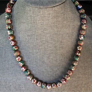 Vintage Cloisonne Bead Necklace Hand-Painted Floral Design Multicolor Enamel Bea
